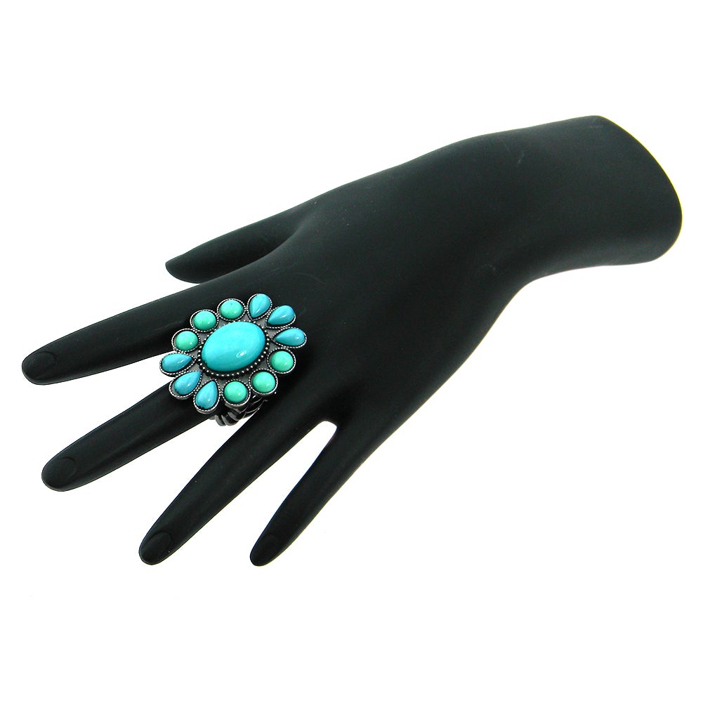 RGZ160925-11 TQ/SLV    OVAL STYLE TQ BEADS STRECH RING