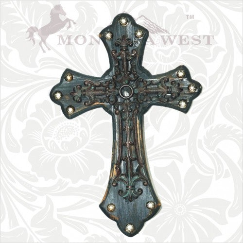 RSD-145 Montana West Western Rustic Wooden Cross With Fleur-De-Lis Cross In the Middle