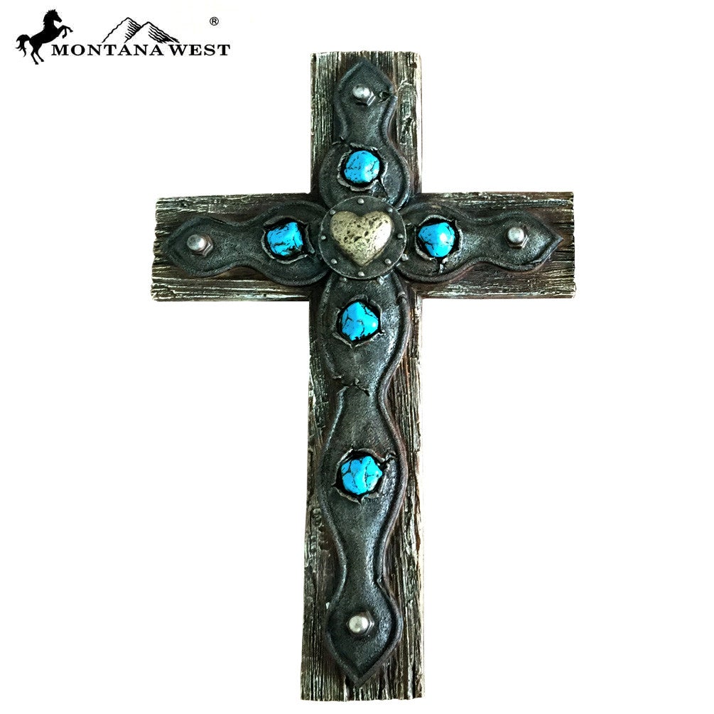 RSD-1774 Montana West Faux-Wooden Turquoise Stone Wall Cross 15"