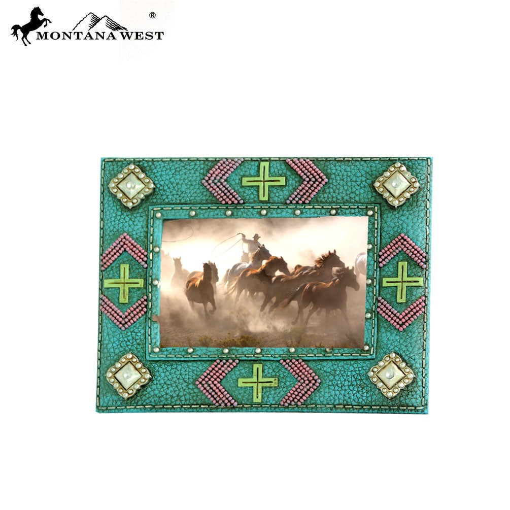 RSP-1623 Montana West Beaded and Multi Crosses Resin Turquoise Color Photo Frame