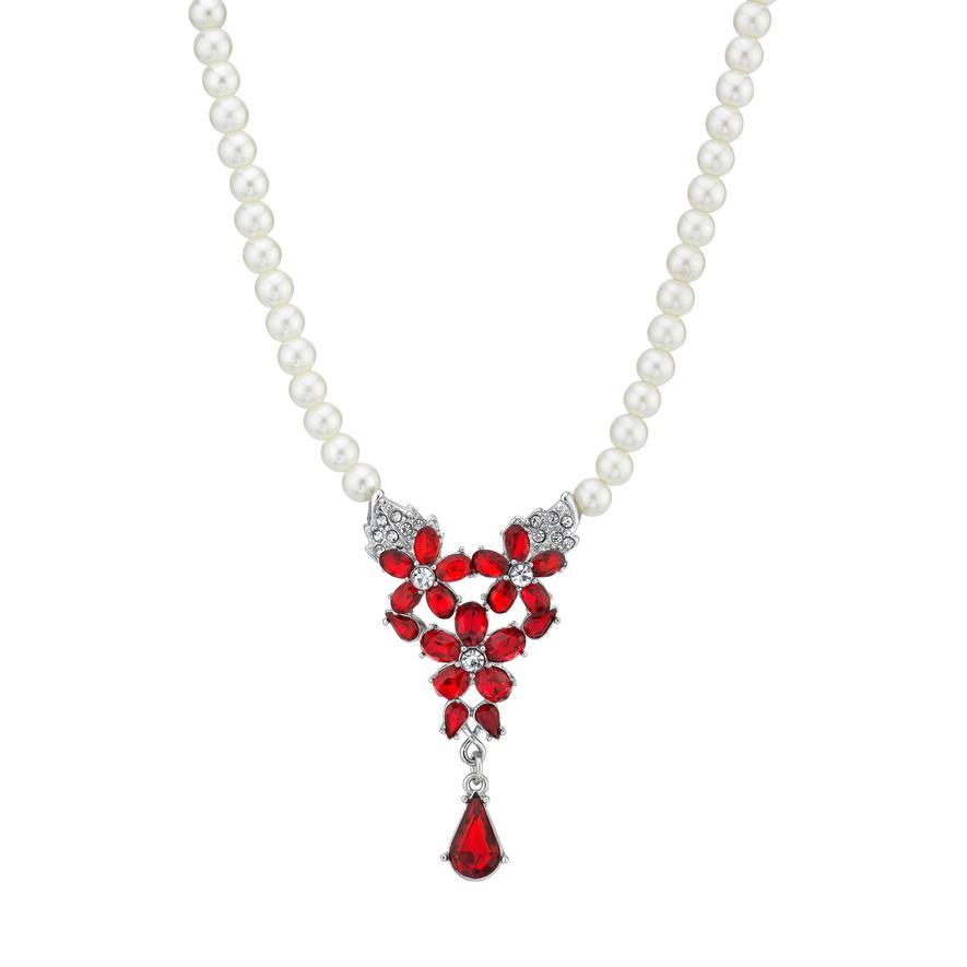 Downton Abbey 1920's Inspired Red Crystal Teardrop Costume Pearl Necklace-18189 - Blanche's Place