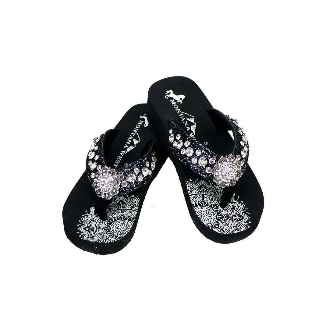 SE94-S001  Mandala Crackle Texture Rhinestones Wedge Flip-Flop By Case