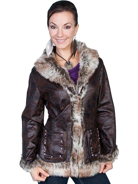 Ladies Western Coat with Faux Fur Trim and stud embellishments-8013 - Blanche's Place