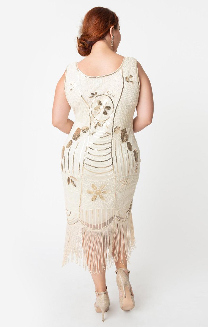 Cream and Gold 1920s Beaded Downton Abbey Flapper Dress-Cremieux Cream and Gold 1920s Beaded Downton Abbey Flapper Dress-Cremieux
