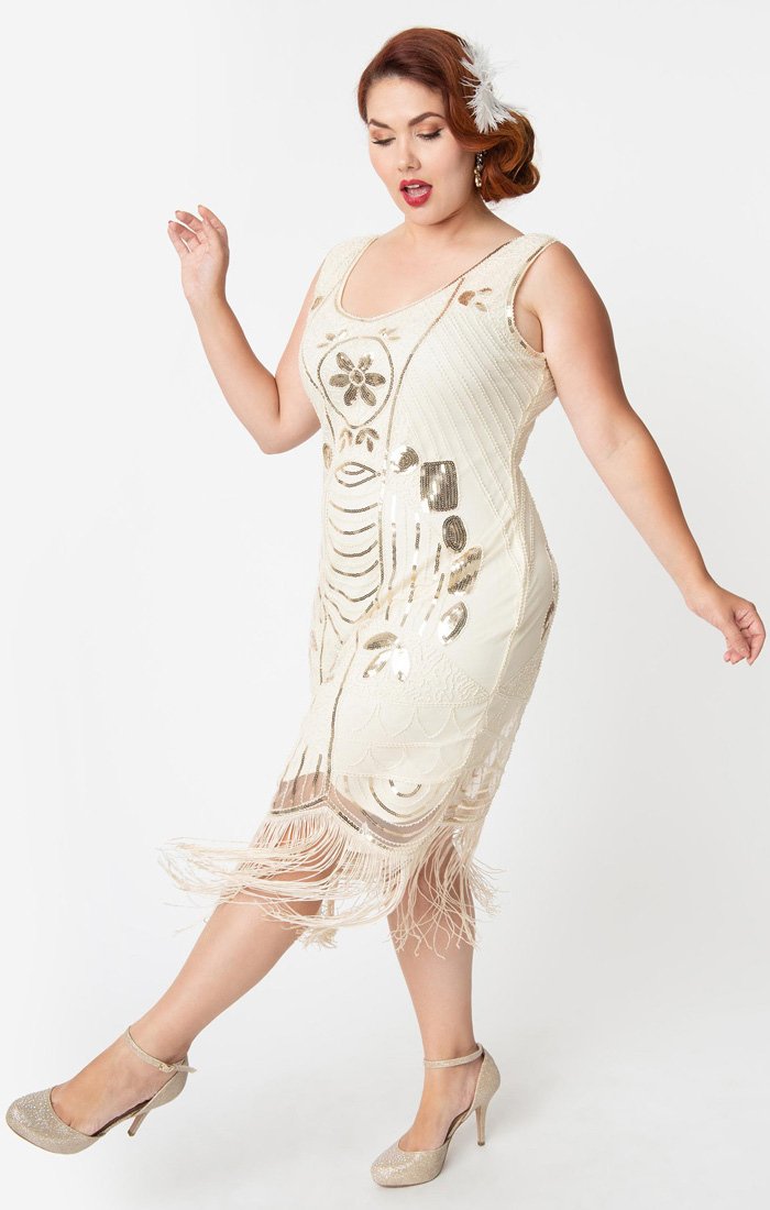 Cream and Gold 1920s Beaded Downton Abbey Flapper Dress-Cremieux Cream and Gold 1920s Beaded Downton Abbey Flapper Dress-Cremieux