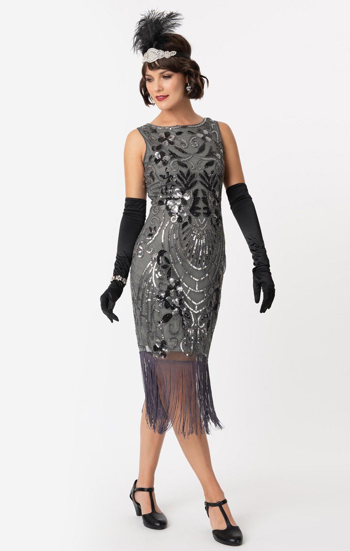 Black Sequin 1920's Vintage Inspired Fringe Flapper Dress-Alix Black Sequin 1920's Vintage Inspired Fringe Flapper Dress-Alix