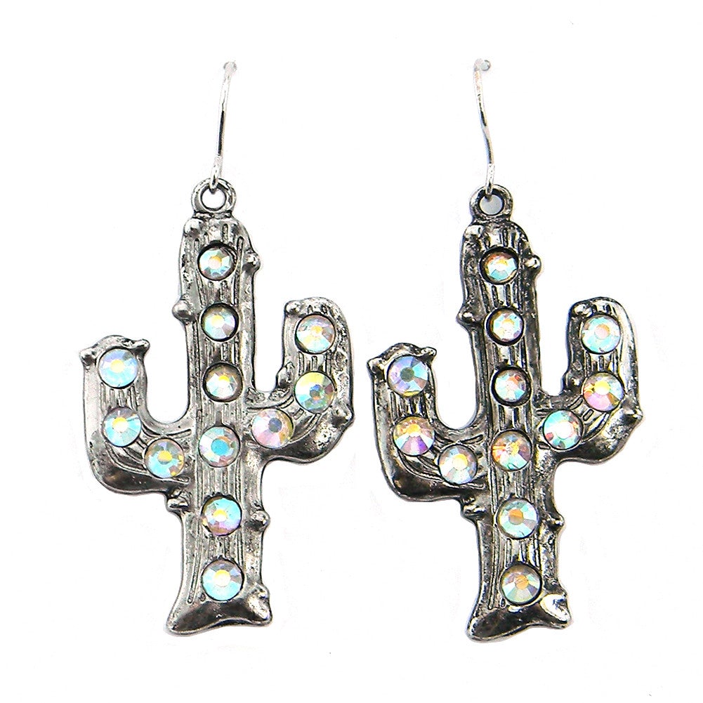 ERE160903-01 SLV  Cactus Motif Earring with AB Crystal