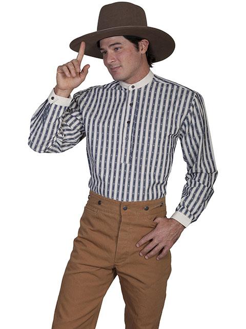 Mens Banded Collar Striped Old West Shirt-RW101 - Blanche's Place