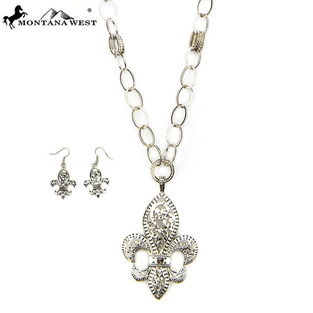 NES10-0824-04  24" Big Oval Circle Metal Chain With Fleur De Lis Necklace & Earring Set