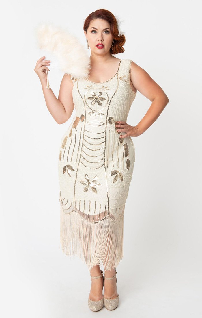 Cream and Gold 1920s Beaded Downton Abbey Flapper Dress-Cremieux Cream and Gold 1920s Beaded Downton Abbey Flapper Dress-Cremieux