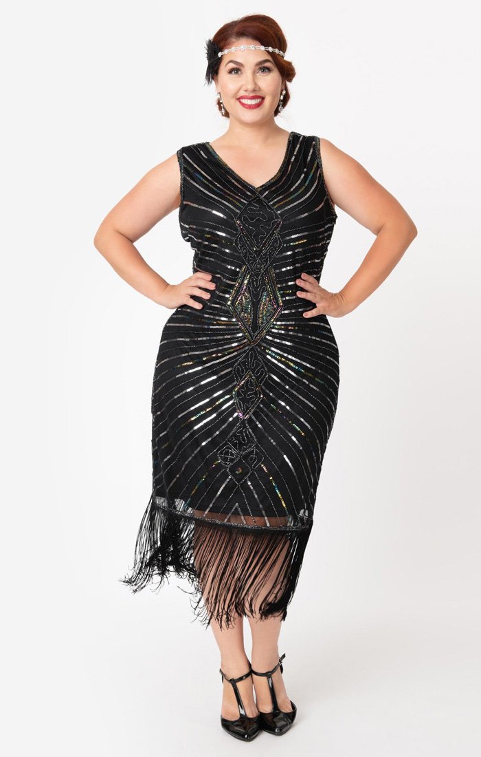 Sale! 1920s Black and Silver Beaded Flapper Dress With Long Fringe-Dac